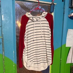 Maurices Cream Striped Hoodie with Red Raglan Sleeves